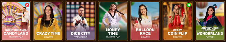 Asino Casino overzicht van live casinospellen zoals Sweet Bonanza Candyland, Crazy Time, Dice City, Money Time, Balloon Race en Crazy Coin Flip